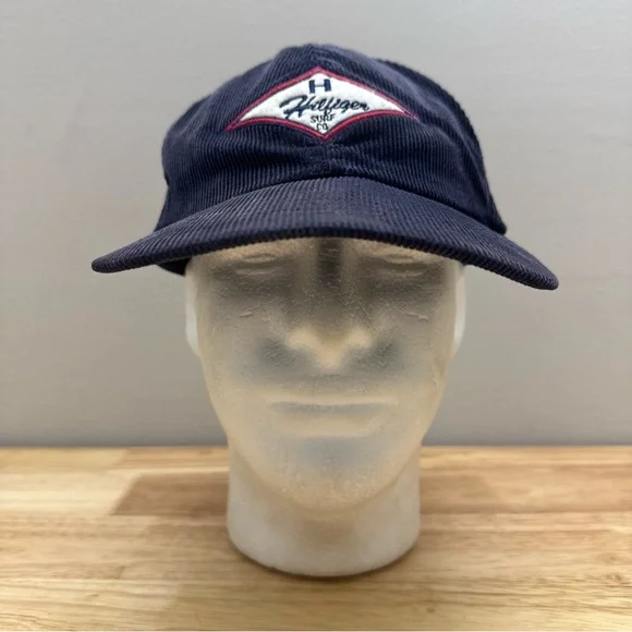 Vintage Tommy Hilfiger Surf Blue Corduroy Hat Embroidered Logo Leather Strapback - Picture 2 of 16